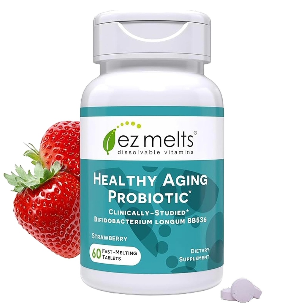 EZ Melts Dissolvable Healthy Aging Probiotic, Bifidobacterium Longum BB536 (2 מיליארד CFU), Sugar-Free, Probiotics for Women & Men 50+, 2-Month Supply - 1 Pack