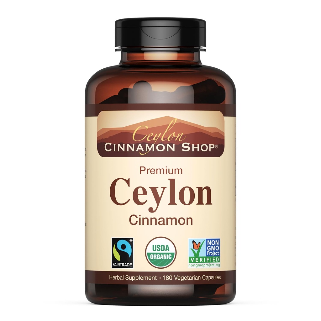 Ceylon Cinnamon Shop Organic Ceylon Cinnamon (100% מוסמך) תוסף, 180 קפסולות, 3 חודשים אספקה