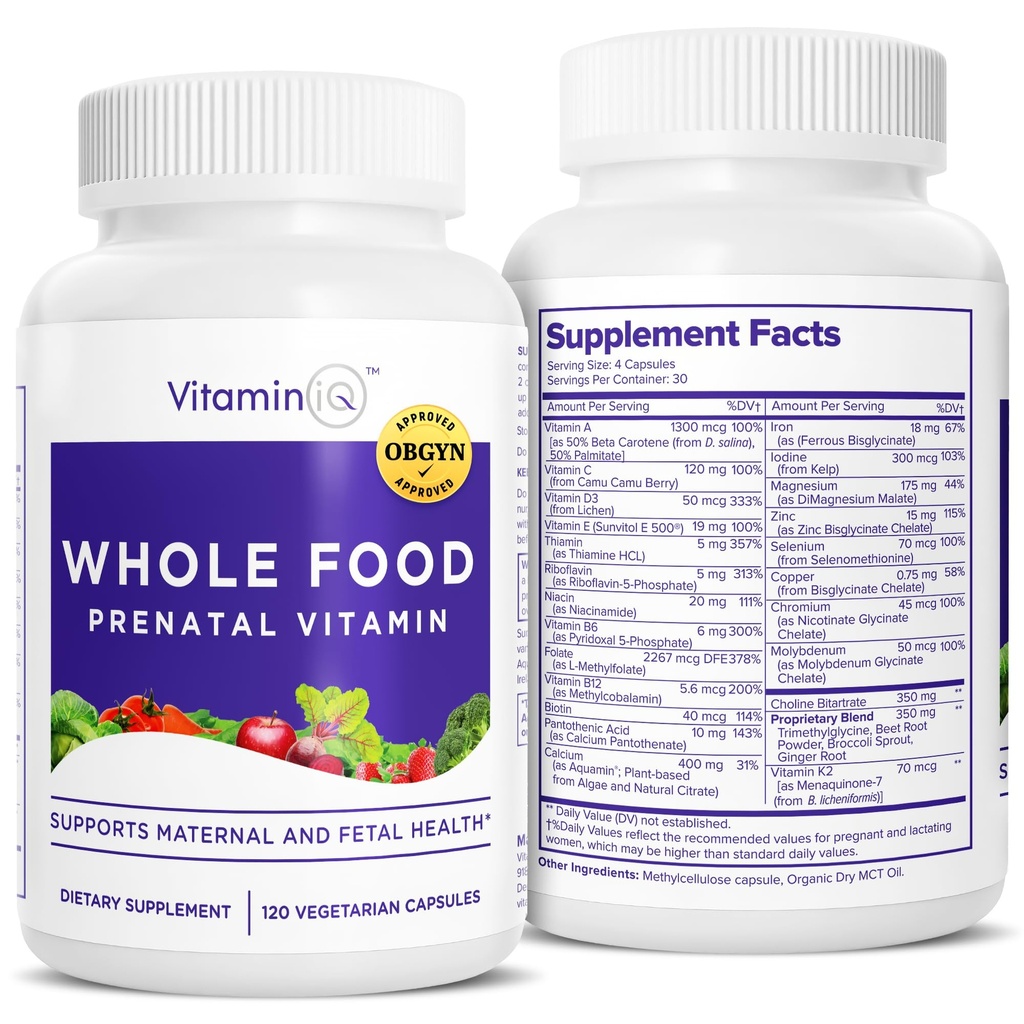 Whole Food Prenatal Vitamins (120 Capsules) Natural Support for Maternal and Fetal Health, Prenatal Multivitamin for Women with Choline, B Vitamins and More, Vegan, No Soy, Gluten or Dairy