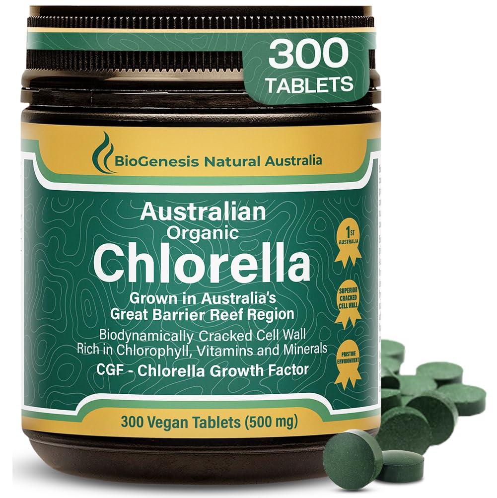 Biogenesis אורגני Chlorella טבליות - 300 Count (500 מ"ג) | אוסטרליה Grown | BioDynamic Cracked Cell Wall