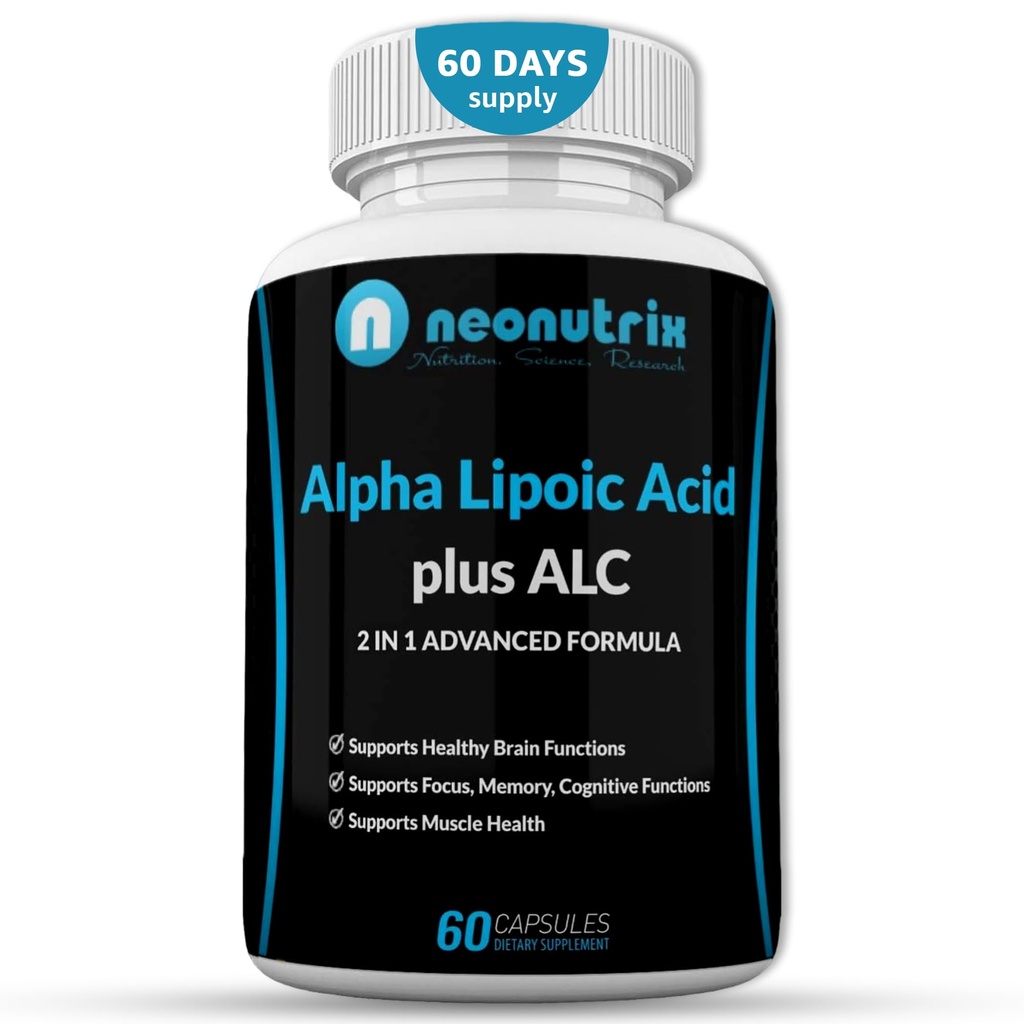 Alpha Lipoic Acid Plus Acetyl L-Carnitine Antioxidant תוסף ALA ALC עבור תפקוד המוח הבריא וכוח השרירים, מיקוד, זיכרון ותפקוד קוגניטיבי לנשים וגברים - 60 קפסולות על ידי Neonutrix