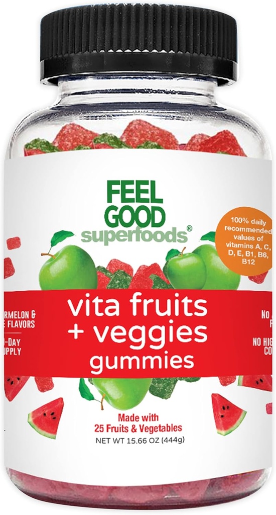 להרגיש טוב Superfoods Vita פירות ו- Veggies תוספי מזון, פירות רב ויטמין וחניכיים ירקות, 25 פירות וירקות, Watermelon ו- Apple Flavors, טבעוני, non-GMO, הרוזן 60