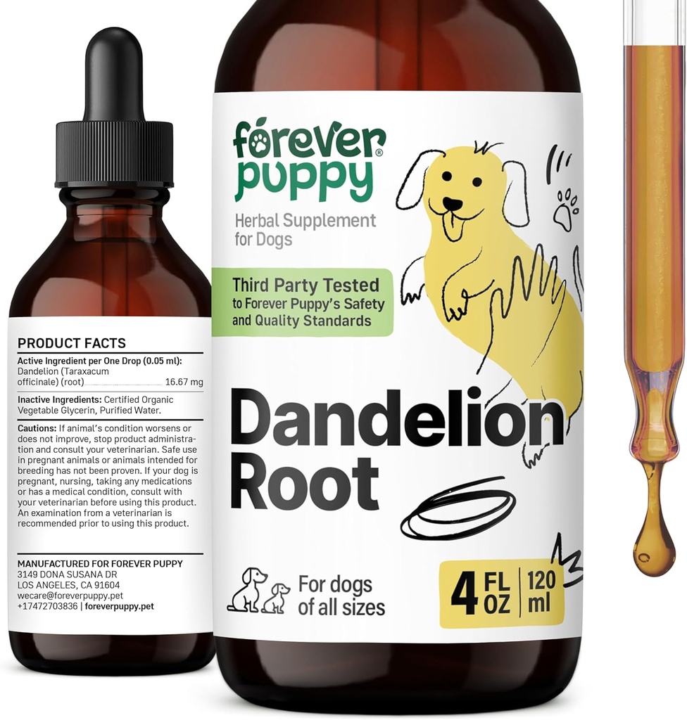 Forever Puppy Dandelion Root טיפות עבור כלבים - תוספי בריאות נוזלי עבור כלבים גדולים, בינוניים וקטנים - Liverנקי Detox טיפות w / Dandelion Root Extract - 4 oz