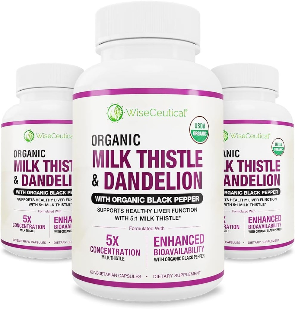 Max Absorption USDA Organic Milk Thistle Potent 5:1 תמצית מואצת (2000 מ"ג כוח) & אורגני Dandelion Root | Silymarin Antioxidant Flavonoid | Liver Support Supplement (60)