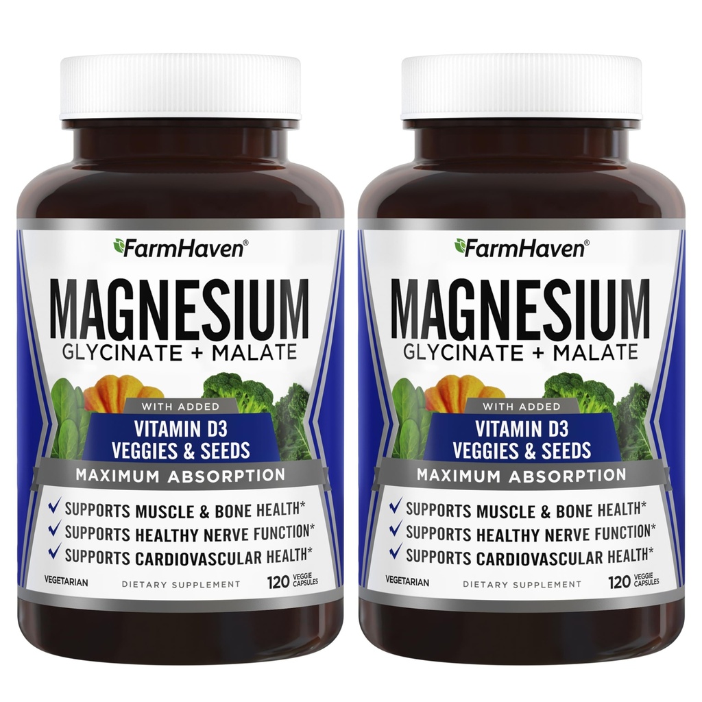 FarmHaven Magnesium Glycinate & Malate Complex w /Vitamin D3, 100% צ'אט עבור Max Absorption- Bone בריאות, עצבים, שרירים, 240 קפסולות, 120 ימים