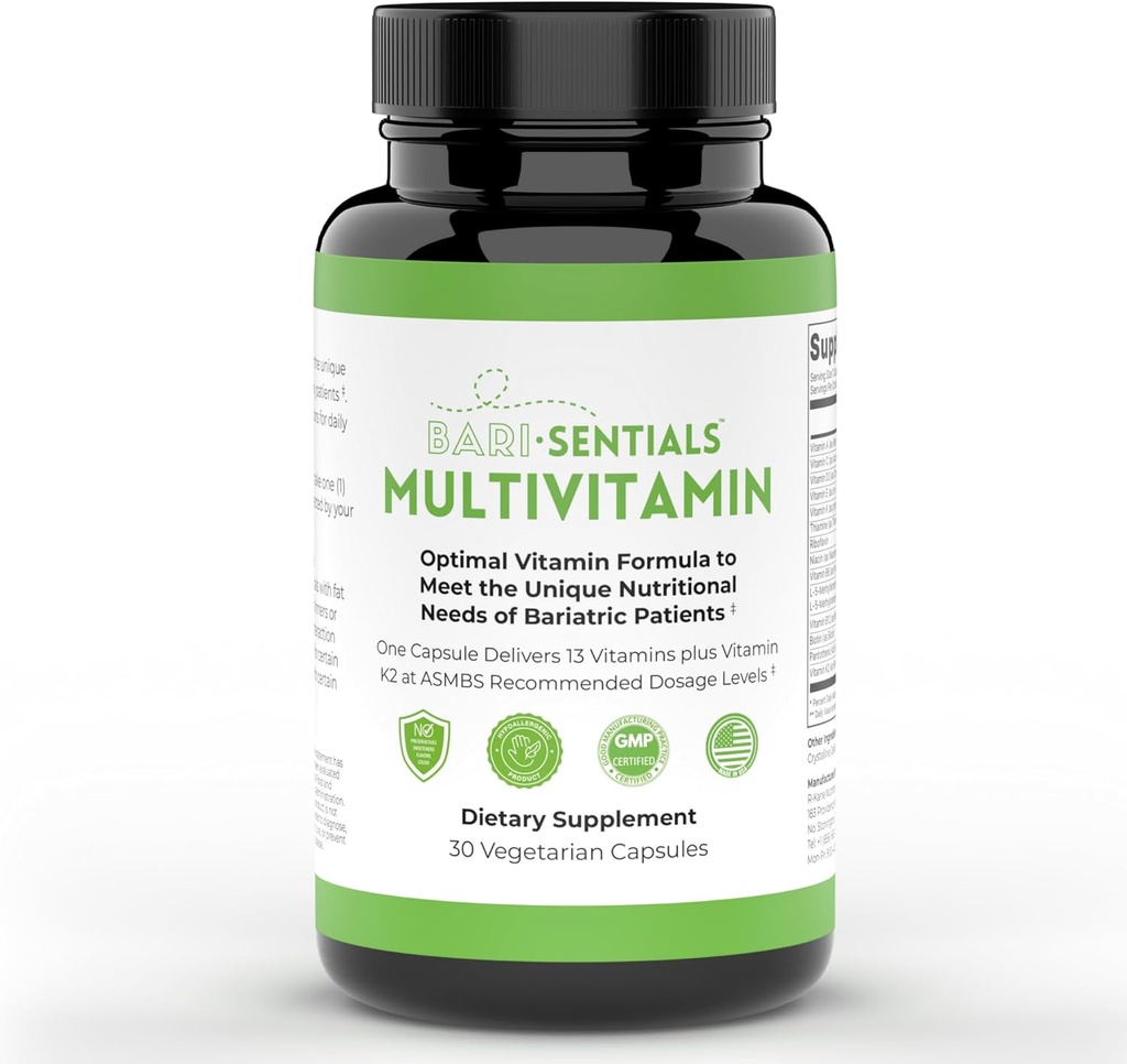 R-Kane Barisentials Bariatric Multivitamins תמיכה פוסט גריאטרי עבור Gastric Bypass, אוסטרוectomy, DS- Essential Daily Nutrition - 30 קפסולות צמחוניות