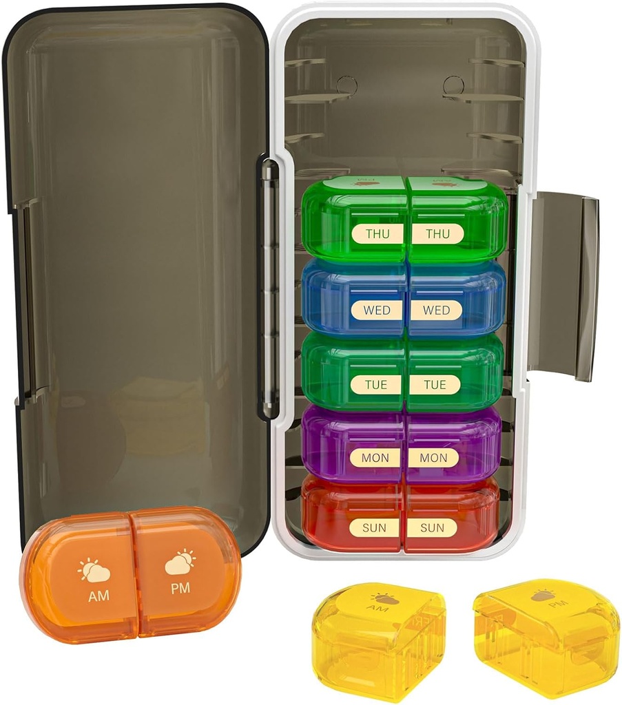 מארגנת גלולות שבועיות 2 פעמים ביום, Moisture-Proof, Detachable השוואתיות, AM PM Pill Box 2x 7 יום, Travel Pill מארגנת עבור גלולות / שמן שמן / מערכת / Vitamin / Supplements (Black + Colorful)