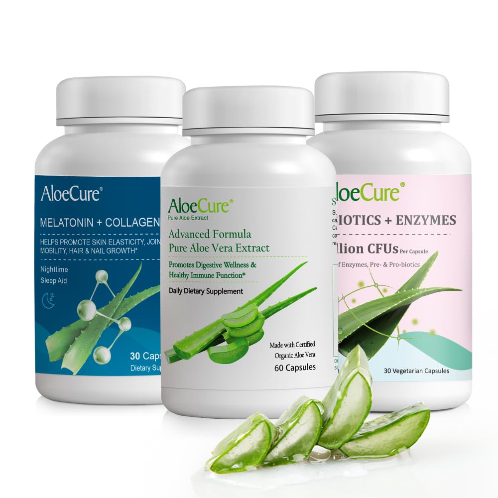 AloeCure אורגני Aloe Vera כמוסות Pack - 3 Pieces - Melatonin + Collagen, Aloe Vera כמוסות, Probiotic + Enzymeme
