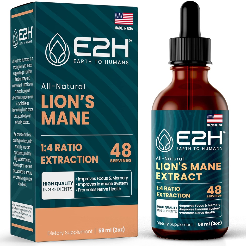 Lions Mane - Lions Mane תוסף - מקדם בהירות נפשית, זיכרון וריכוז - Lions Mane Liquid for Immune Support - Mushroom Tincture - 2 Fl Oz by E2H