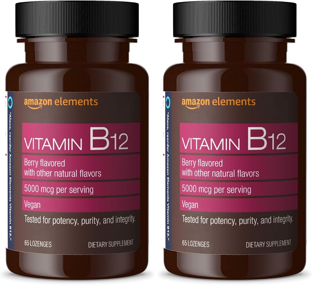 יסודות ויטמין B12 Methyylobalamin 5000 mcg - ייצור אנרגיה נורמלית ומטבוליזם, תמיכה במערכת החיסון - 2 חודשים אספקה, ברי פלח Lozenges, 65 הרוזן (Pack of 2)