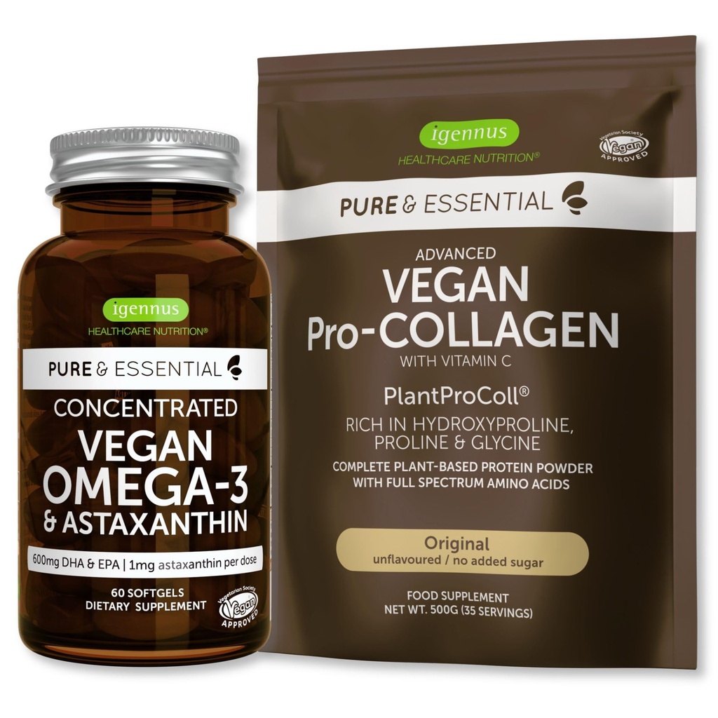 Pure & Essential Collagen Peptide אבקת חלבון אומגה 3 בונדלה, מלא קולג'ן Boosting Formula & Sustainable Algae שמן 1340 מ"ג, על ידי Igennus