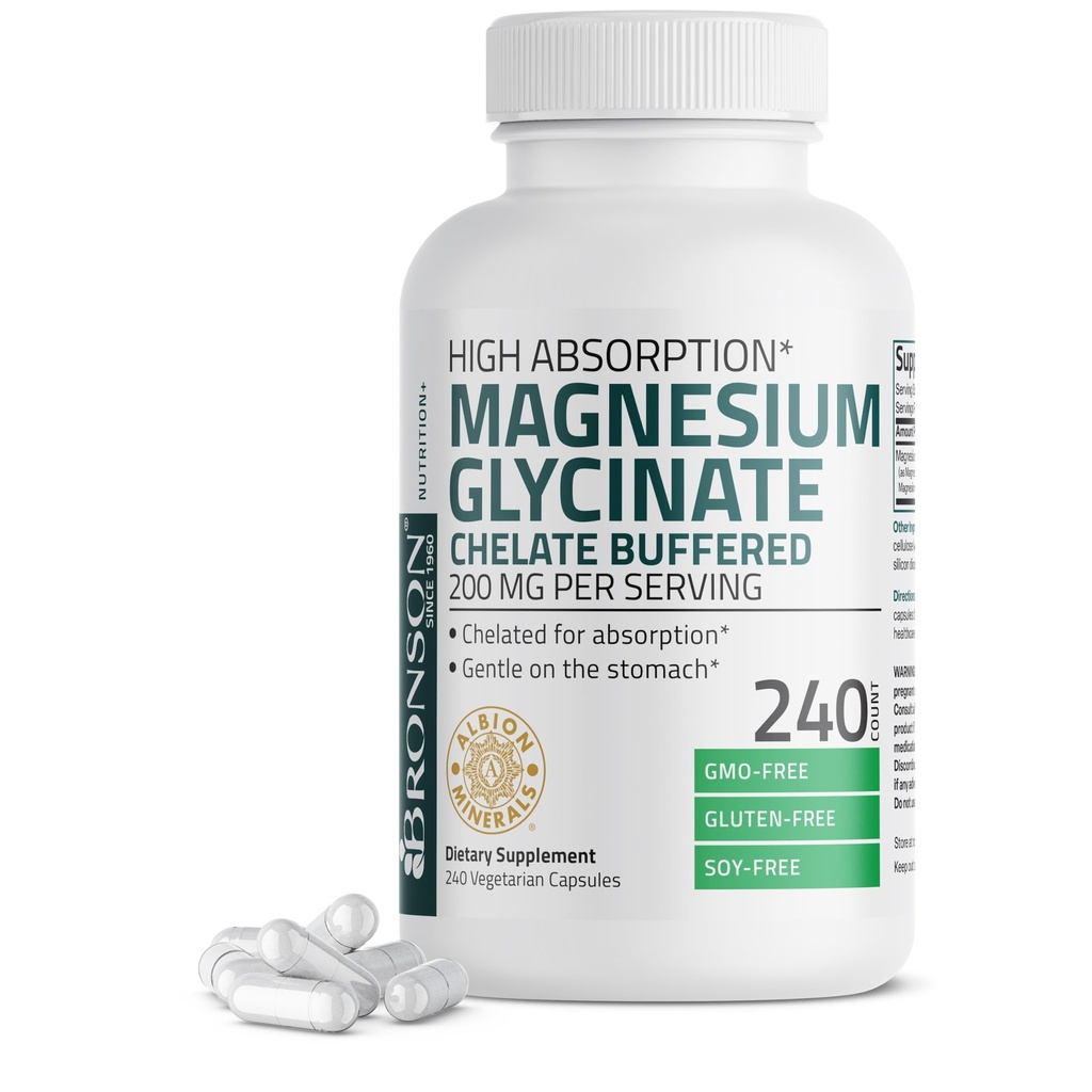 Bronson Magnesium Glycinate 200 MG כדי לשרת צ'אד עבור Absorption גבוהה, Gentle על Stomach, non-GMO, 240 קפסולות צמחוניות