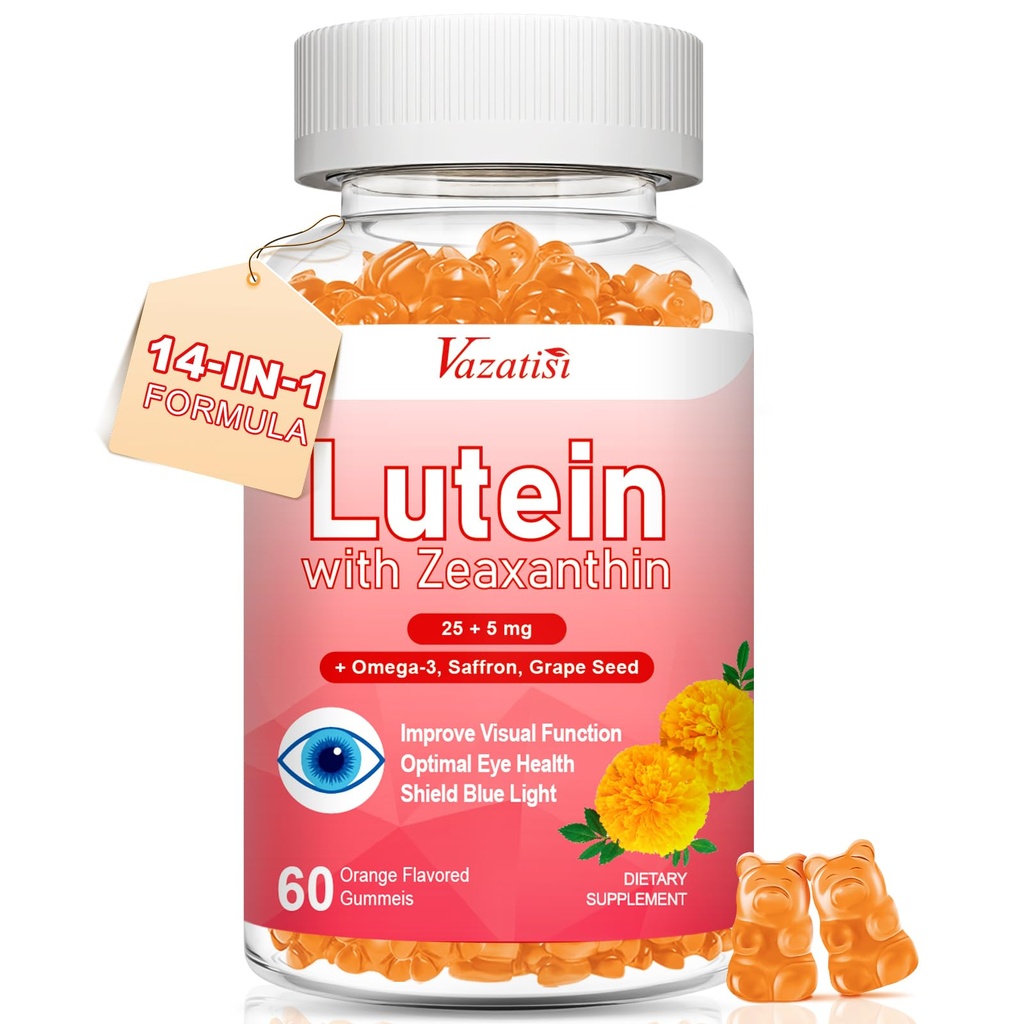 Lutein ו Zeaxanthin תוספי חניכיים, תוסף ויטמין עיניים מתקדם עם Bilberry, Saffron, Grape Seed, אומגה 3 לבריאות Macular, עין יבשה, תפקוד חזותי - Orange Flavor, 60 הרוזן
