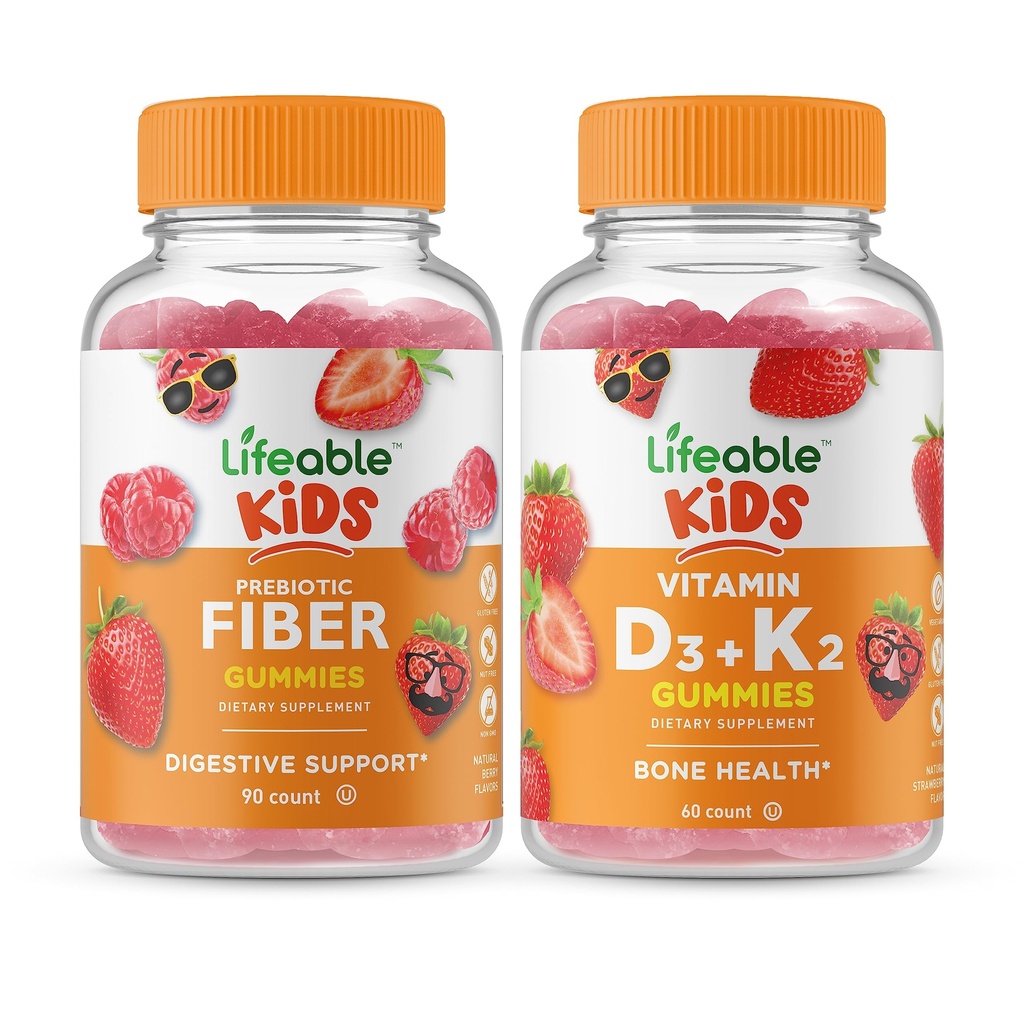Lifeable Prebiotic סיבים ילדים + ויטמין D3 + ויטמין K2 ילדים, חניכיים Bundle - גדול Tasting, ויטמין תוסף, Gluten Free, GMO חינם, Chewable Gummy