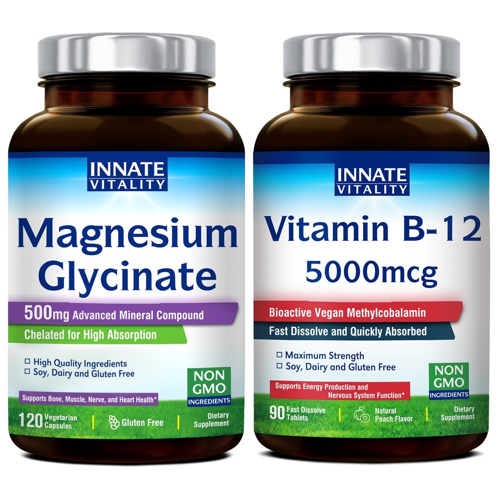 Innate Vitality Magnesium Glycinate & ויטמין B12 Bundle, Noten Glu & Vegan, Magnesium (120 Caps) & ויטמין B12 (90 Fast Dissolve Tabs), חבילת ערך, Bundle & Save.