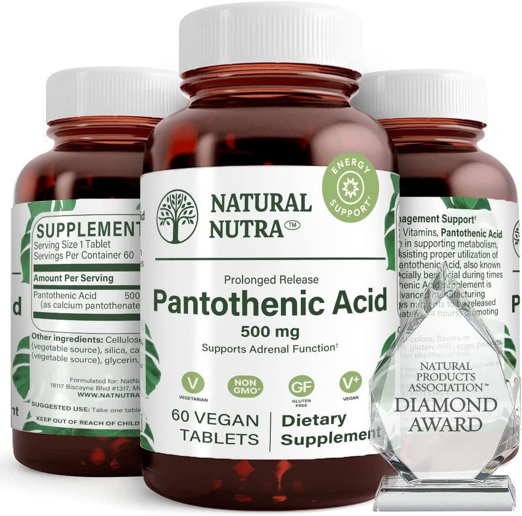 טבעי Nutra Time לשחרר Pantothenic Acid 500 מ"ג, ויטמין B5 מסייע לשבור שומן ו carbohydrates, Metabolism ואנרגיה, לשפר את בריאות השרירים, 60 טבליות צמחוניות (3 Pack)
