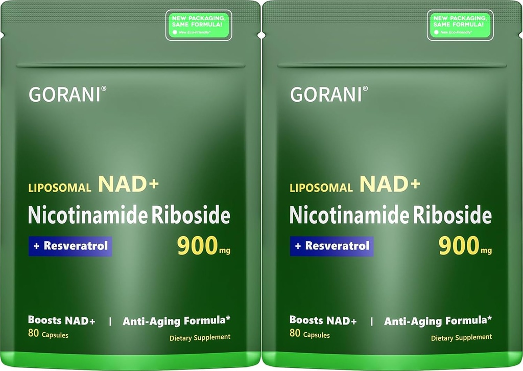Gorani NAD+ תוסף 900MG - Nicotinamide Riboside, Liposomal Resveratrol & Quercetin - תומך באנרגיה סלולרית ואנטי-חמצן בריאות - 80 קפסולות