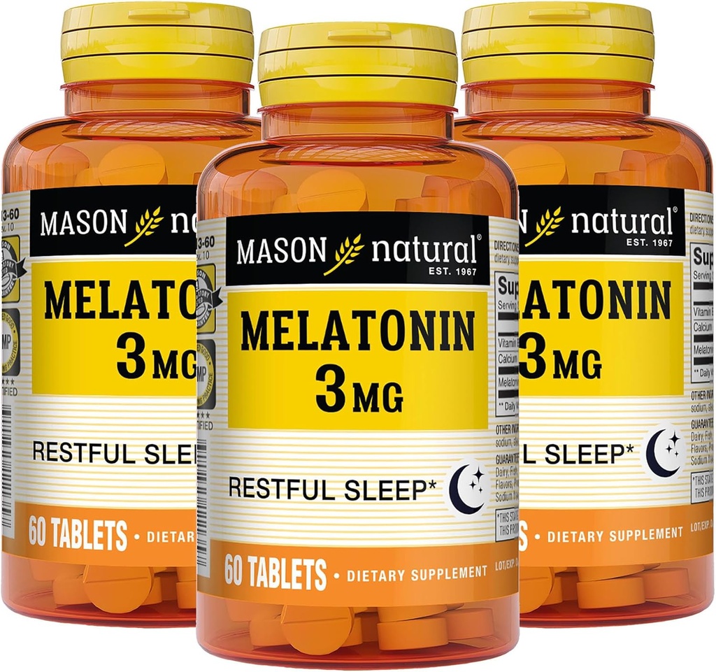 MASON NATURAL מלטונין 3 מ"ג עם B6 & Calcium, Natural Sleep Aid, תומך שינה שקטה, 60 טבליות (Pack of 3)
