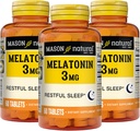 MASON NATURAL מלטונין 3 מ"ג עם B6 & Calcium, Natural Sleep Aid, תומך שינה שקטה, 60 טבליות (Pack of 3)