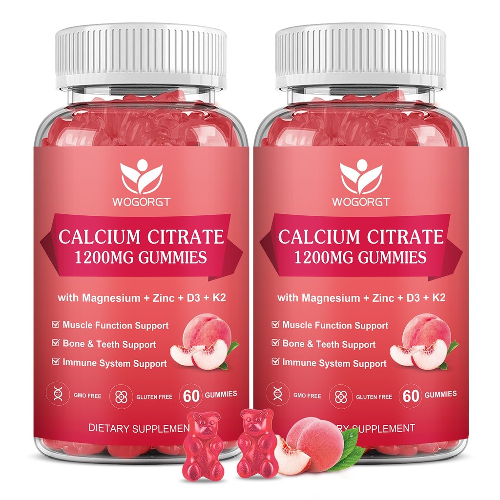 Calcium Citrate 1200 מ"ג חניכיים עם ויטמין D3, K2 - Chewable Calcium Magnesium Zinc d3 תוסף עם Sea Mos לחלץ עבור העצם, שיניים, תמיכה כספית עבור נשים וגברים, Peach Flavor 60 חניכיים (2Pack)