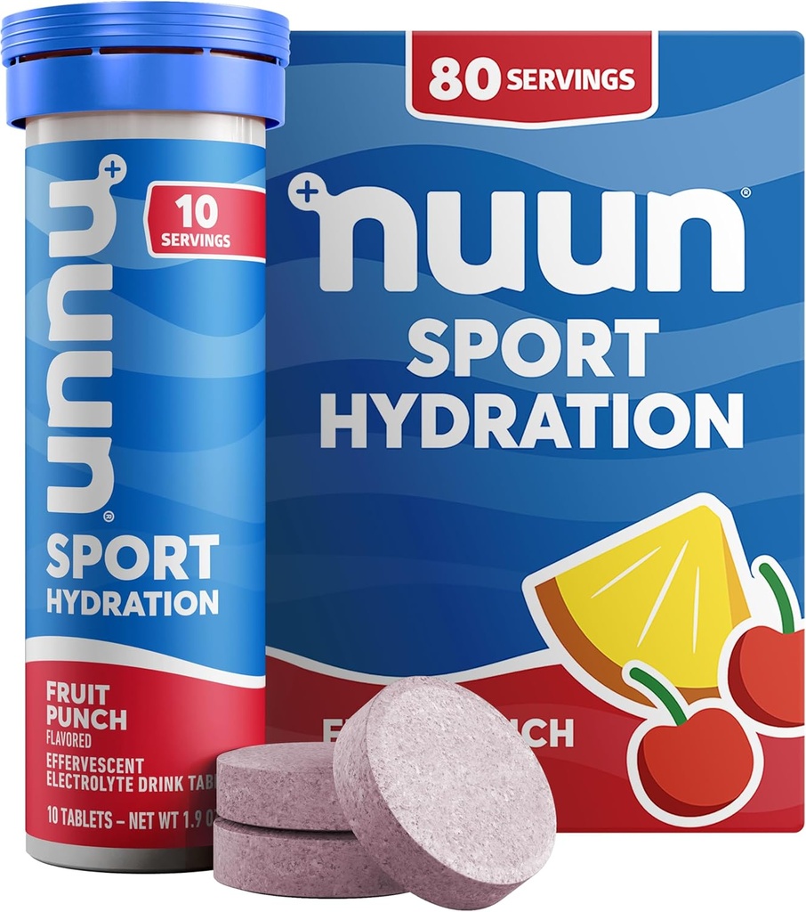 Nuun Sportlyte Tablet עם Magnesium, Calcium, Potassium, Chloride & Sodium, Gluten Free & Vegan, פירות Punch, 8 Pack (80 המשרתים Total)