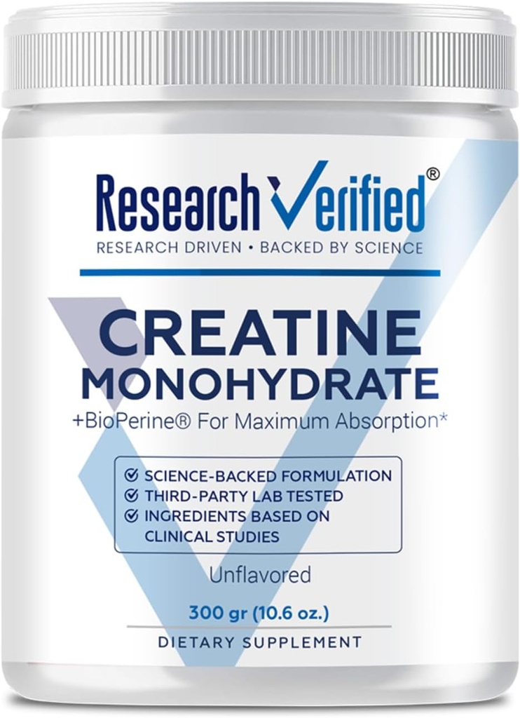 מחקר מאומת Creatine Monohydrate - תמיכה בצמיחה שרירית אופטימלית, ביצועים משופרים - 5000 מ"ג Creatine Monohydrate - bioPerine - 60 משרתים - Unflavored - טבעוני
