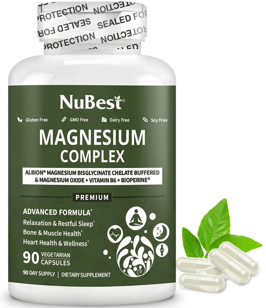 Magnesium Glycinate Chelate מורכב עם Albion Magnesium Bisglycinate Chelate, ויטמין B6 & BioPerine עבור העצם, שריר, שינה טבעית, תפקוד עצבי, המוח Booster | 1 חודש אספקה