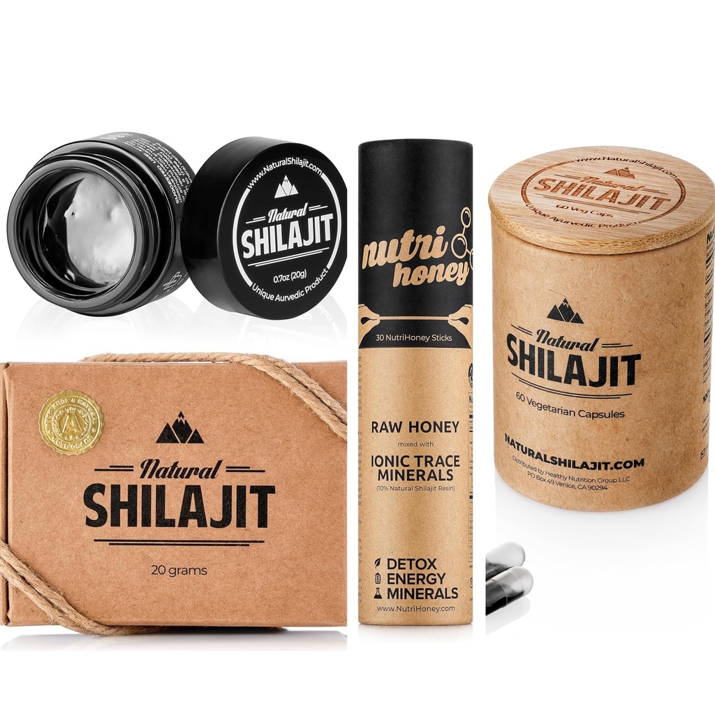 NATURAL SHILAJIT Resin 20G, Shilajit Honey Sticks 30 קפסולות הרוזן 60
