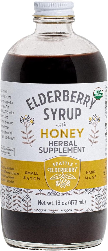 סירופ עם Raw Honey - Delicious, Gluten-Free Herbal תוסף עם יתרונות Immune של פוטנט עשוי רק תרכובות אורגניות בליטות קטנות בארה"ב - 16oz