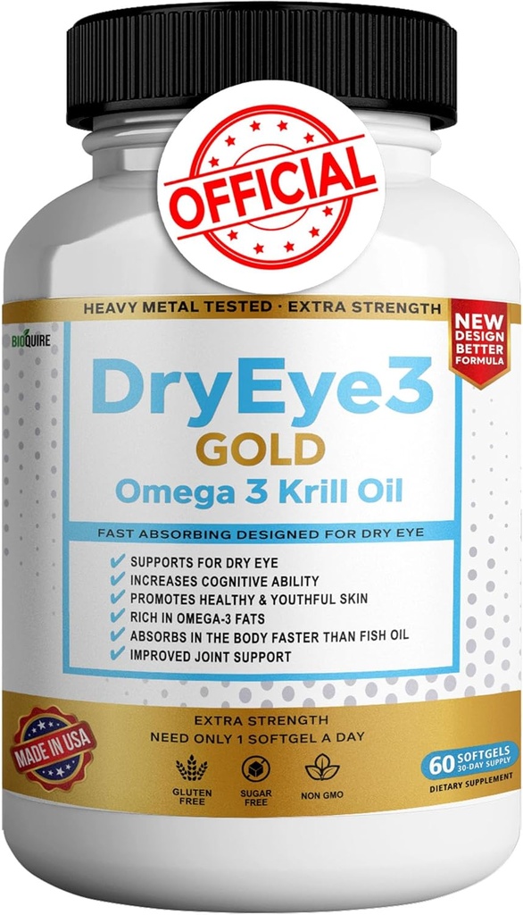 עין יבשה 3 זהב אומגה 3 קריל שמן תוספת כוח, 60 Softgels, תמיכה בעין יבשה, non-GMO, Gluten Free, Sugar Free (1)