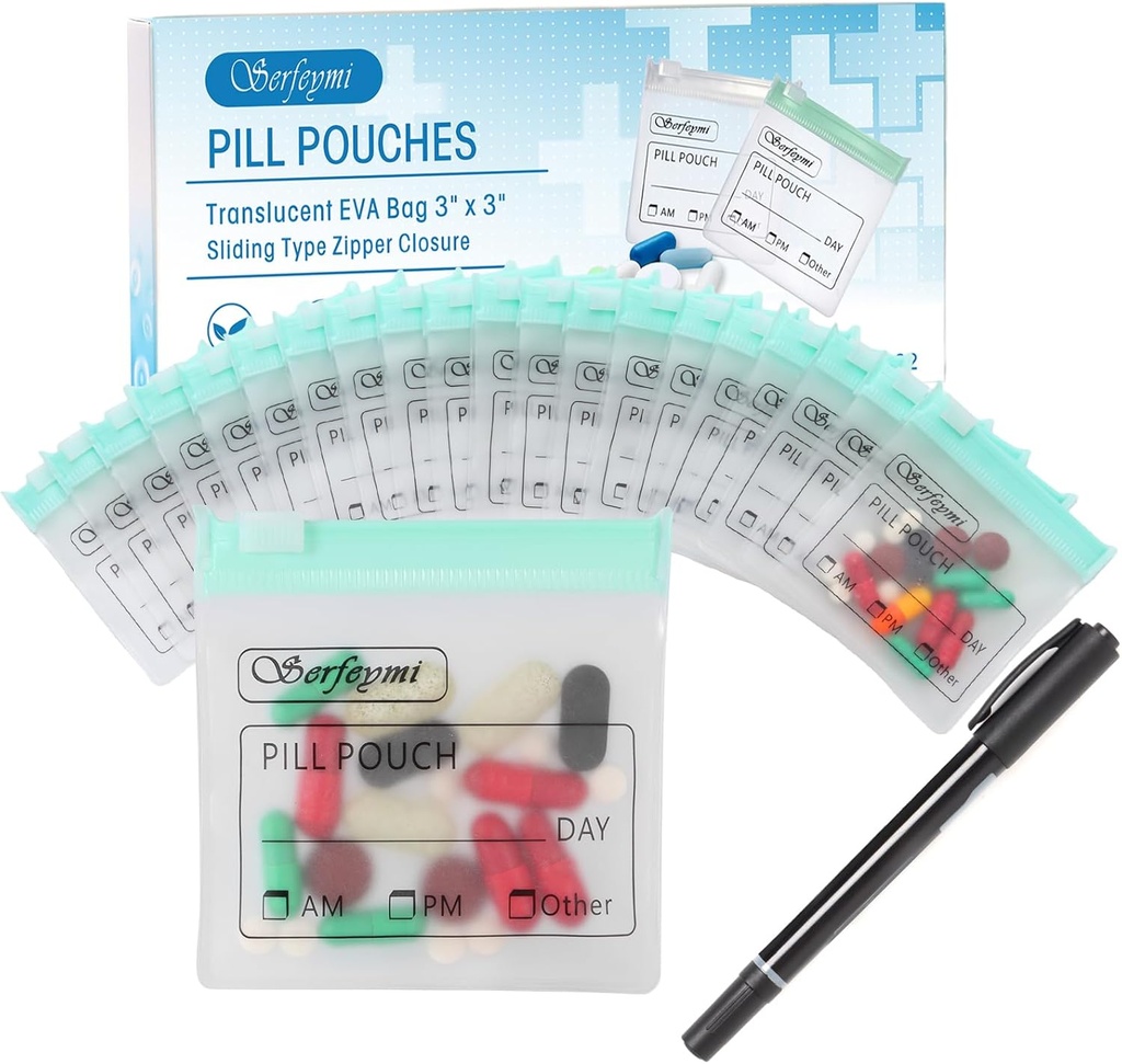 Serfeymi 32 Pcs Zippered Pill Pouches מארגנת בגרות פלסטיק 3 X 3 Inches 12 mil Self Sealing with Slide Lock Writable Label Translucent Travel Medicine Storage Bag Case ו 1 Pc Marker-Green Green