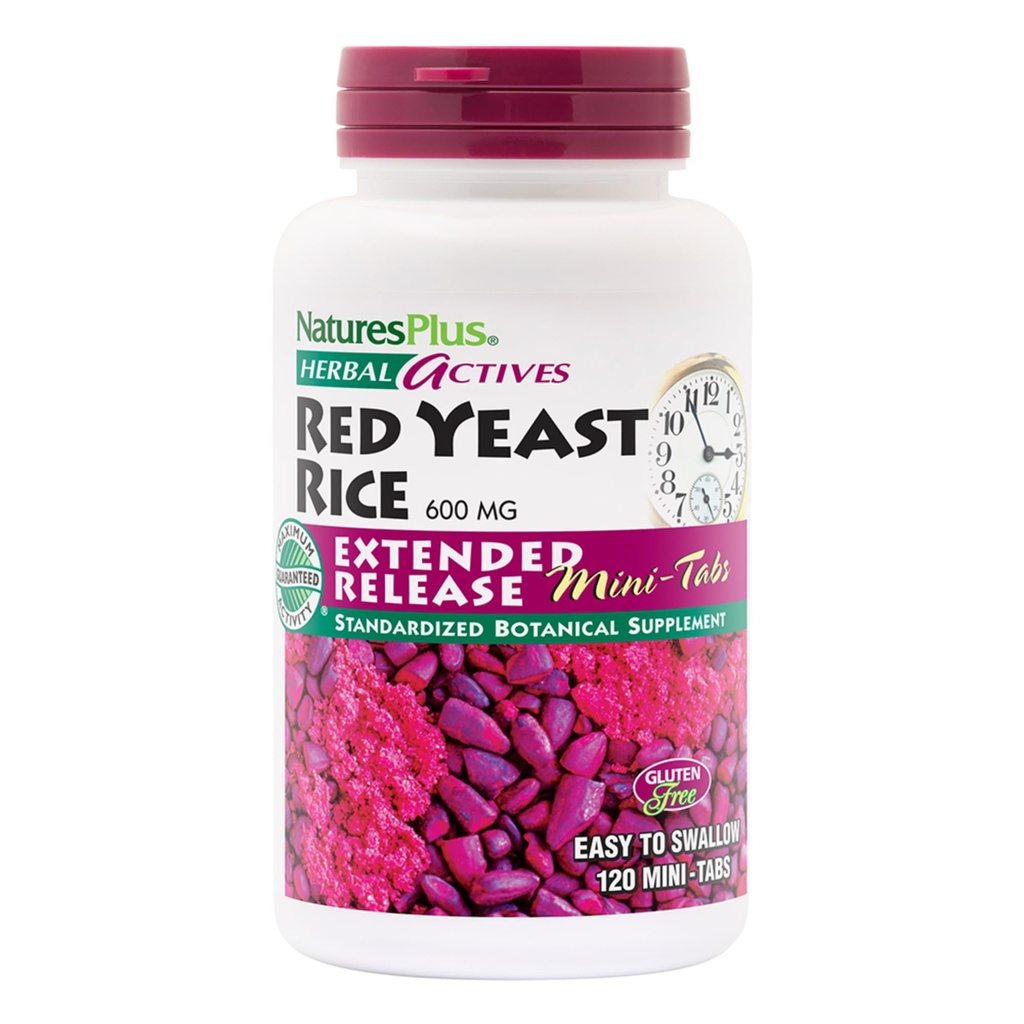 NaturesPlus Herbal Actives Red Yeast Rice, Extended Release - 600 מ"ג, 120 מיני טבליות - תוסף צמחי - טבעוני, צמחוני, Gluten-Free - 60 משרתים