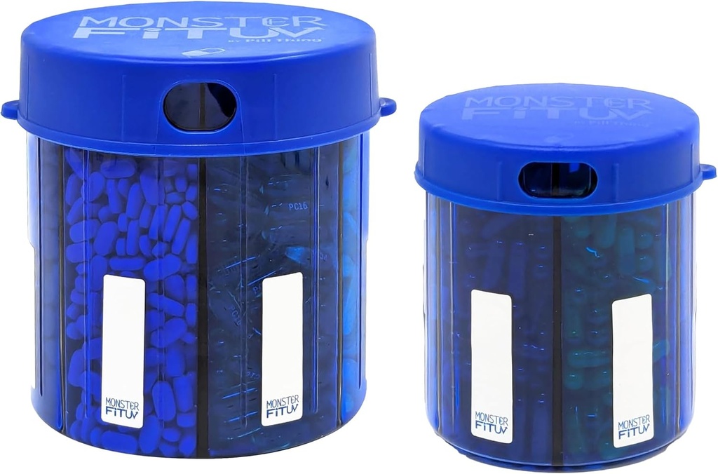 Monster Add Large Pill Container Bottle Handles כמעט כל תוסף - Easy to Dispense (Monster Blue & Monster Jr).
