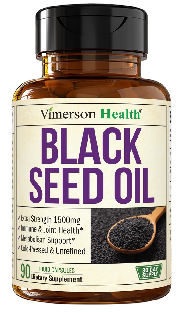 Black Seed Oil - Cold Pressed Black Seed Oil קפסולות - מספק ויטמין E & אומגה 3 6 9 - עתיר גבוה (1500 מ"ג) עבור Immune & Joint Support, Antioxidants, Digestion, Hair Skin Nails - טבעוני 90 Caps