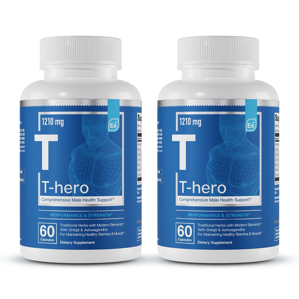 יסודות חיוניים T-Hero - תמיכה טסטוסטרון יומית עבור גברים - מקדם Vitality & Drive - עם Ashwagandha, Shilajit, Boron, DIM - 60 Count - 30 משרתים (2-Pack)