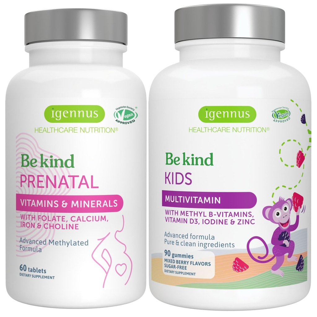 High Absorption Methylated Prenatal + Advanced Kids Multivitamin Gummy טבעוני Bundle, תווית נקייה עם ויטמין A, B, C, D3 & E, 60 טבליות + 90 ברי פלפור חניכיים, להיות אדיב על ידי Igennus