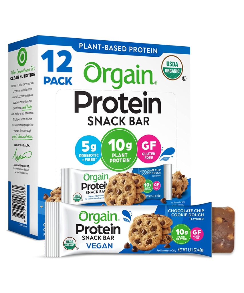 Orgain אורגני חלבונים Bars, שוקולד צ'יפ עוגיות Dough - 10g Plant Based חלבון, נמוך Calorie מזון חטיפים, לא Lactose או Soy Ingredients, Gluten Free, non-GMO - 1.41 Oz (Pack של 12)