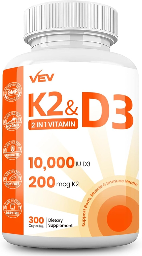 VEV ויטמין D3 K2 - Easy-to-Swallow קפסולות, 300 קפסולות (Packaging May Vary)