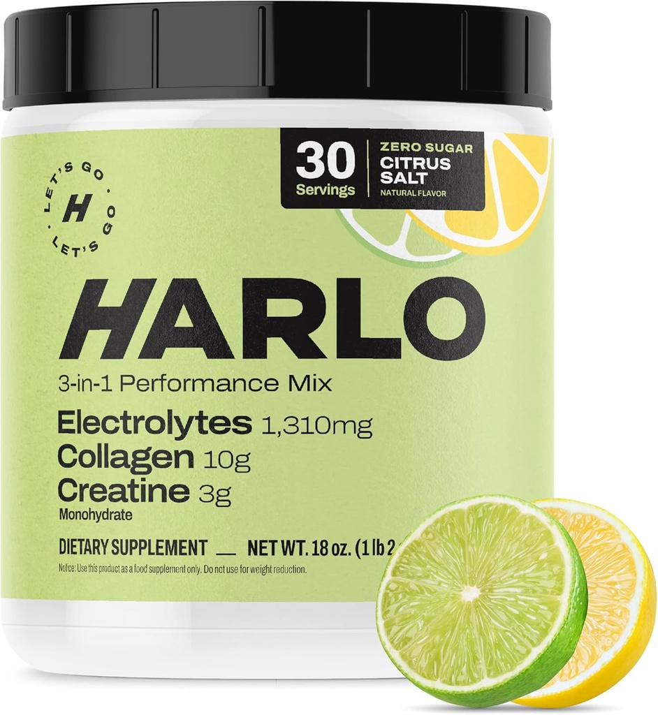 Harlo - Citrus Salt Electrolyte Drink Mix with Bovine Collagen & Creatine - Creatine Monohydrate אבקה - אבקת משקאות אנרגיה - אבקת טרום עבודה - משקאות אנרגיה חינם סוכר - Post Workout Recovery