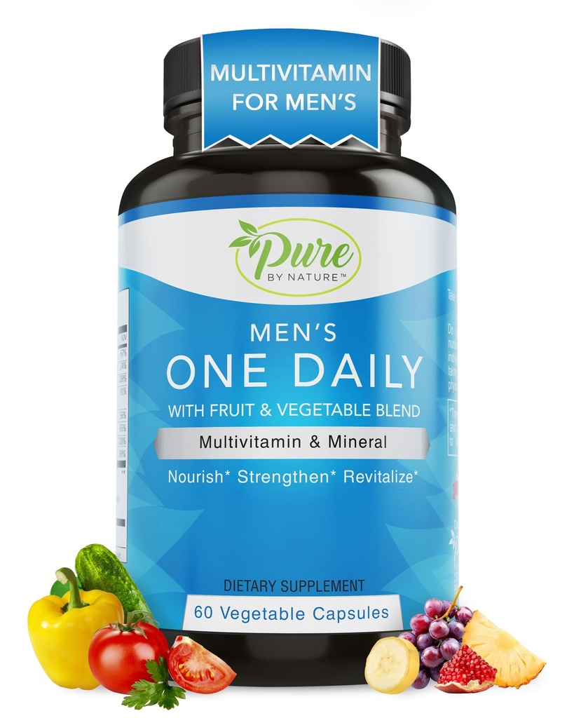 Pure By Nature One-Daily Multivitamin for Men, Immune Support Supplement with non-GMO Ingredient, ויטמין & מינרלים לאנרגיה, 60 קפסולות Veggie
