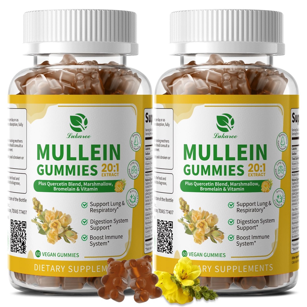 (2 Pack) 9 ב 1 Mullein Gummies עבור Lungse & Detox, תוספת כוח מולליין עלץ לחלץ w / Quercetin, Bromelain, Elderberry & Marshmallow for Respiratory, Immune &ive, טבעוני, 120 הרוזן
