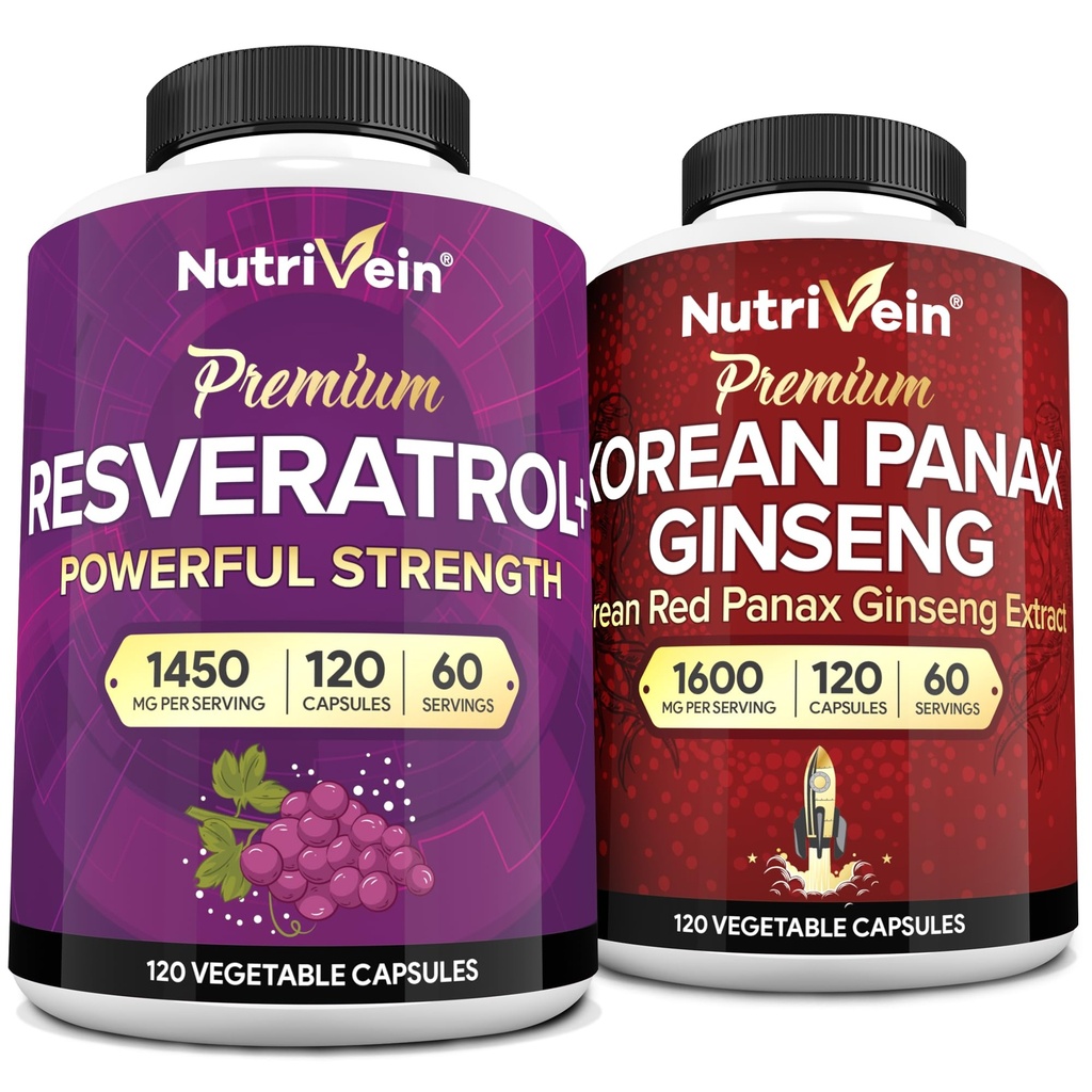 Nutrivein Premium Panax גינזנג תוסף & Resveratrol תוספת Bundle: High-Absorption Resveratrol כמוסות & גינזנג עבור המוח, הגנה, תיקון ו Vitality
