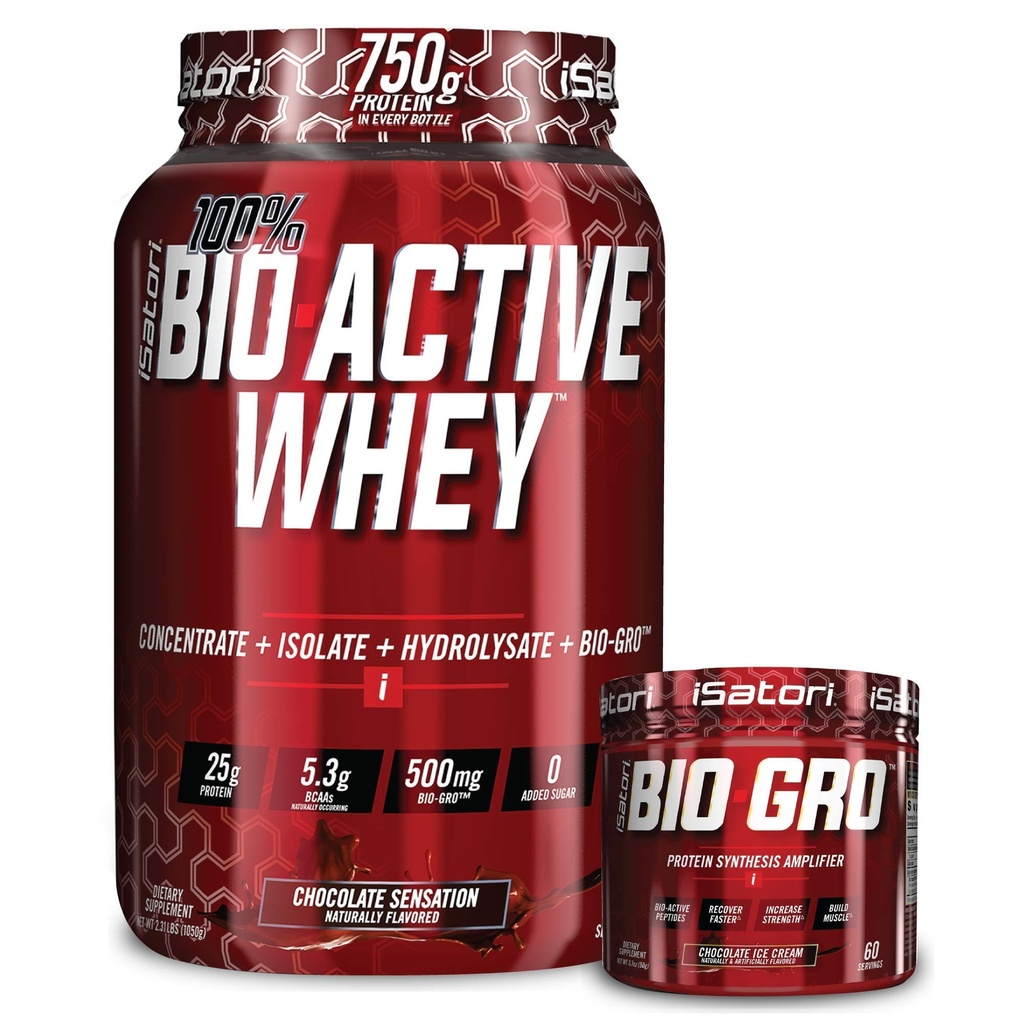 קרם קרח של שוקולד iSatori Bio-GRO (60 משרתים) ו- Bio-Active Whey Protein אבקת שוקולד ספירה (30 משרתים)
