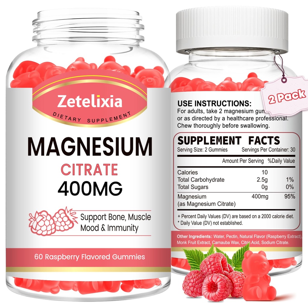 2 Pack Magnesium Citrate Gummies 400MG, High Absorption Magnesium Gummies for Adults, Muscle & Teeth Support, Vegan 120 Cts