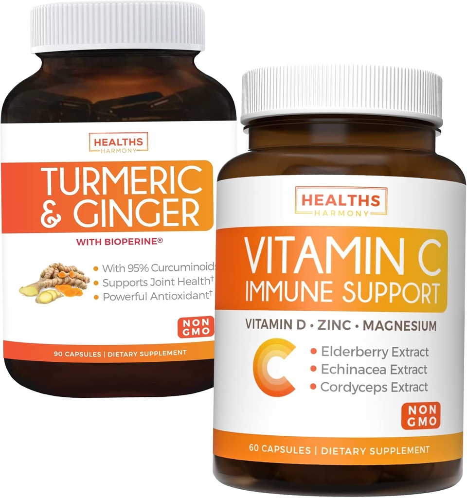 תמיכה בוויטמין C Immune & Turmeric Curcumin - תמיכה יומית: Immune + Joint Health - Immune Support - ויטמין C עם Zinc (Non-GMO) & Turmeric Curcumin - Black Pepper Extract Extract (Non-GMO)