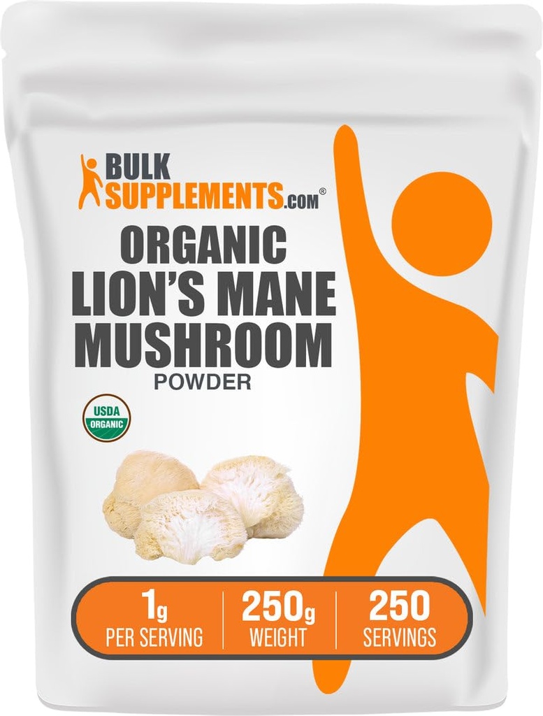 BulkSupplements.com Organic Lions Mane Mushroom אבקת - Lions Maneאבקה, תוסף Mushroom - טבעוני וגלוטן חינם, 1g לכל משרת, 250g (8.8 oz) (Pack of 1)