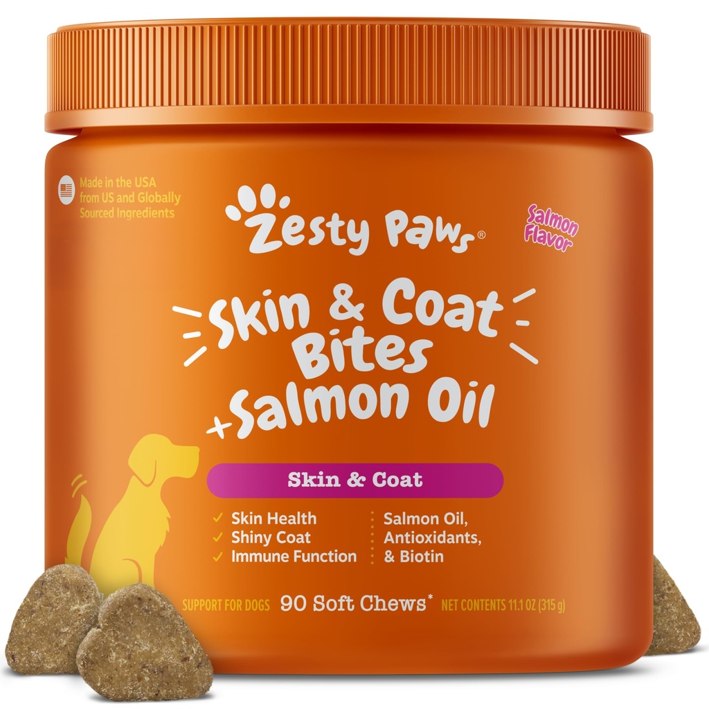 Zesty Paws Salmon Oil for Dogs Skin and Coat, אומגה 3 דגים צ'יפס, כלבי אלרגיה להקל צ'אנס, תוסף Itch Relief, 90 Count, Salmon Flavor