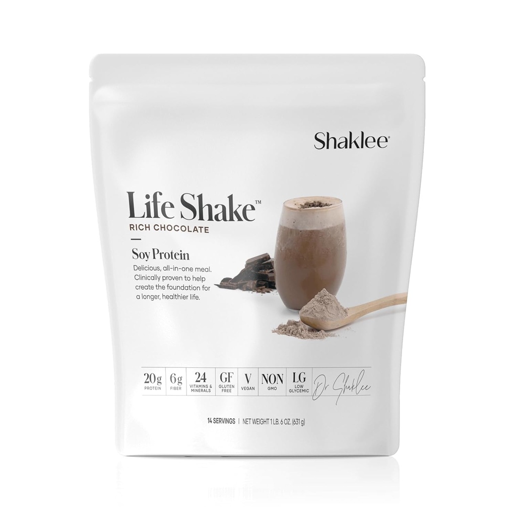 Shaklee Life ShakeTM Soy חלבון עשיר שוקולד - השלם meal עם החלפת חלבון 20g, 6g סיבים, 24 ויטמינים ומינרלים - Non-GMO - 14 משרתות