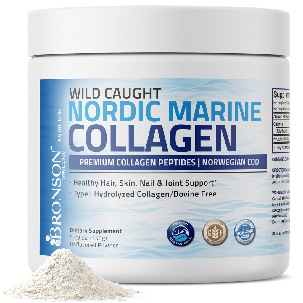 Bronson Marine Collagen Peptides hydrolyzed אבקת חלבון 100% Wild שנתפסה Nordic Cod מאומת מקור בר קיימא עבור מפרקים שיער העור ריחות ועצמות 150g (5.29oz)