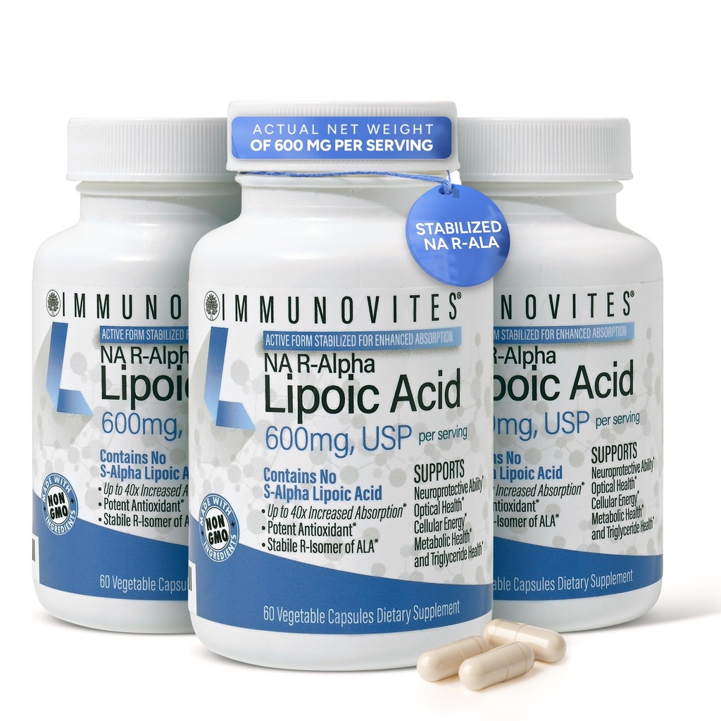 IMMUNOVITES 3Pack Stabilized R-Alpha Lipoic Acid (( True) 600 מ"ג עבור לשרת גבוה עוצמה עד 40x הגדלת Absorption (Na R-ALA) (Na R-LA) (Na R-Lipoate) (3 בקבוקים)